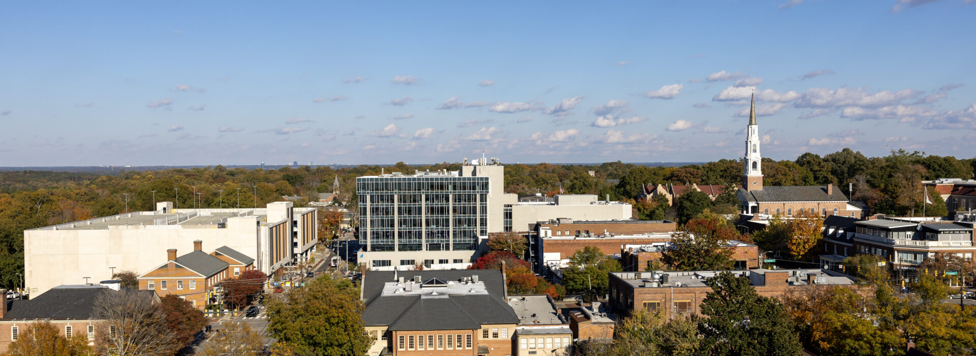 Aerial shot of the skyline of Downtown Chapel Hill